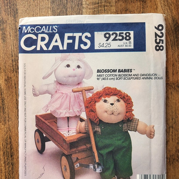 McCall's 9258 Sculped Doll Sewing Pattern, Lion Doll Pattern, Lamb Doll Pattern, 80s Toy Pattern, Spring Toys Pattern, Easter Toys, UNCUT