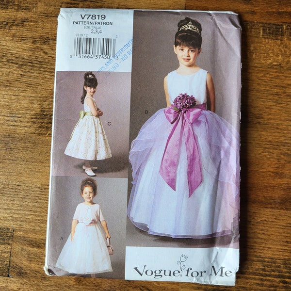 Vogue V7819 Girls Formal Dress Pattern, Flower Girl Dress Pattern, 1st Communion Dress, Birthday Dress Pattern *Size 2-4 & 5-6x* UNCUT