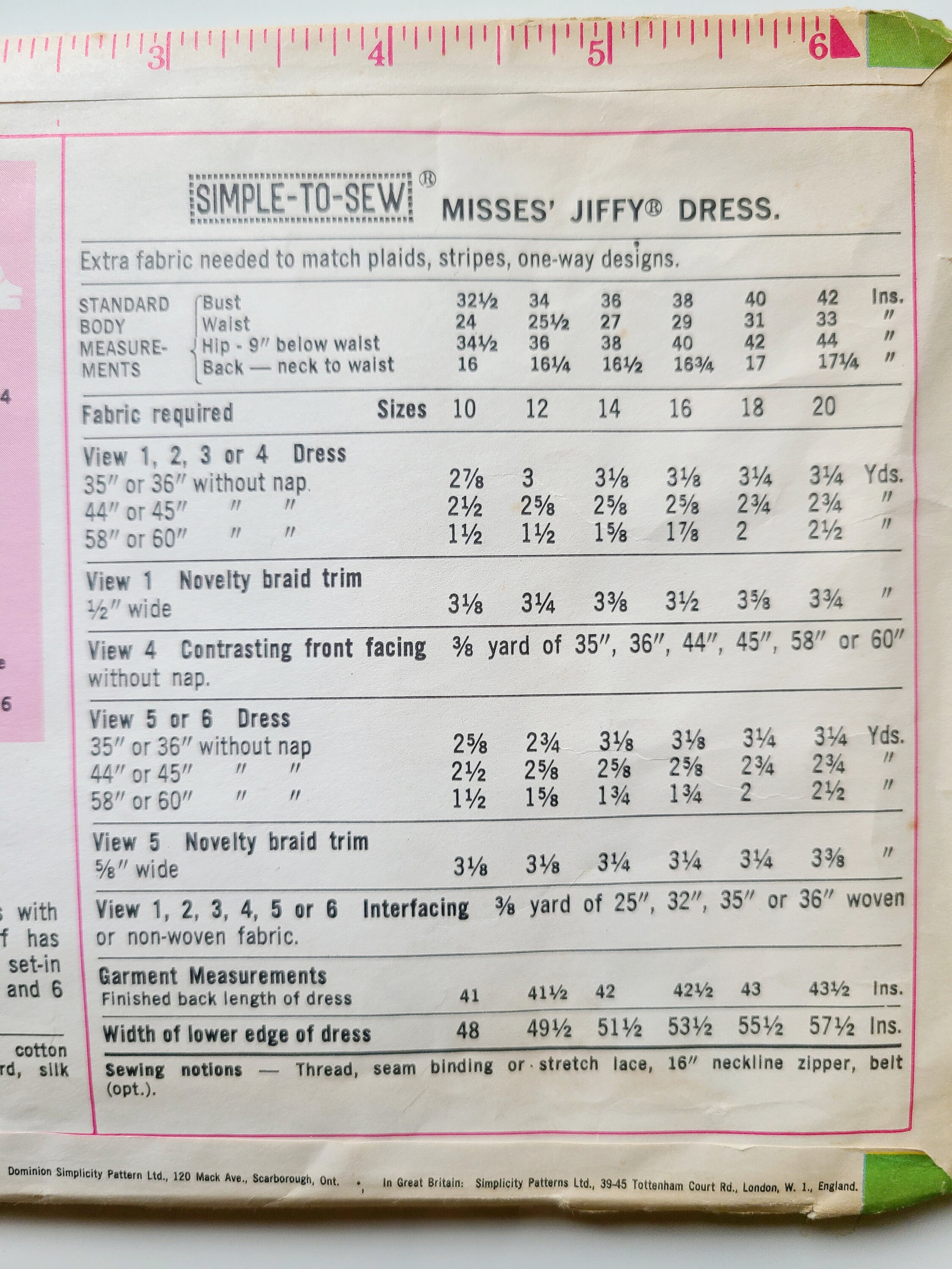 Simplicity 9355 Women's Dress Sewing Pattern Size 18 Cut Pattern 1971