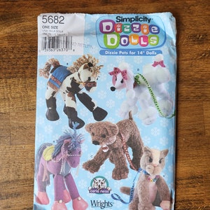 May include: Simplicity pattern 5682 for making Dizzie Dolls pets for 14 inch dolls. The pattern includes instructions for making a horse, poodle, dog, and cat.