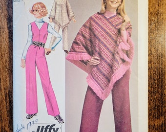 Simplicity 9066 Womens Jumpsuit Pattern, Poncho Pattern, 1970s Womens Fashion, Sleeveless, Retro Jumpsuit *Size 12, Bust 34"* Cut (1970)