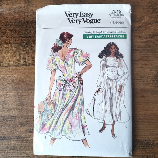 Vogue 7545 Womens Dress Pattern, 80s Prom Dress Pattern, 80s Wedding Dress Pattern, Retro Dress Pattern, 80s Fashion *Size 12-14-16* UNCUT