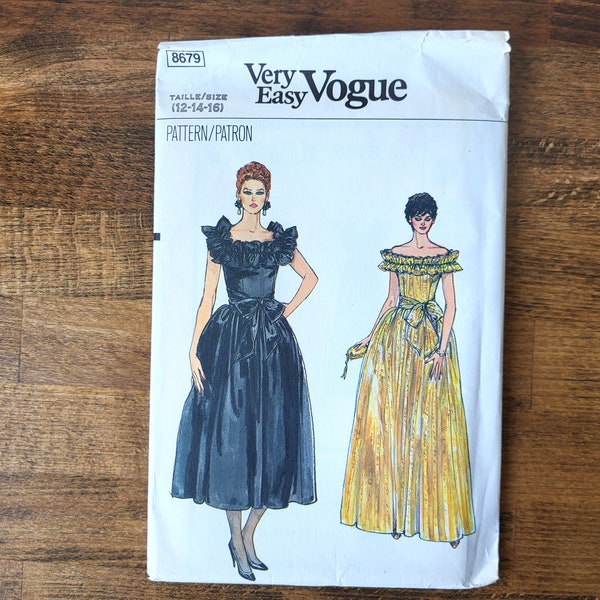 Modèle de robe pour femme Vogue 8679, modèle de robe des années 80, motif de robe de bal des années 80, motif de robe de demoiselle d'honneur des années 80, taffetas * taille 12-14-16 * coupé non coupé