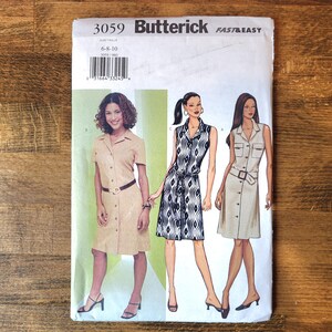 May include: A Butterick 3059 sewing pattern envelope for a sleeveless or short-sleeved button-front dress with a collar and belt. The cover displays three illustrations of the dress in solid tan and a black and white geometric print pattern.