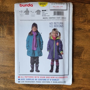 May include: Burda sewing pattern 9597 for a coat or jacket. The pattern includes instructions for sizes 104-128. The image shows two children wearing the finished garment. The text on the pattern says "No Return No Refund".