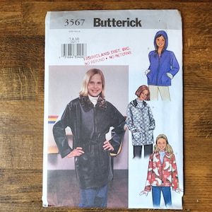 May include: A sewing pattern for girls' jackets. The pattern includes three different styles: a black faux leather jacket with a fur collar, a white and gray patterned jacket, and a red and white patterned jacket. The pattern is from Butterick and the pattern number is 3567.