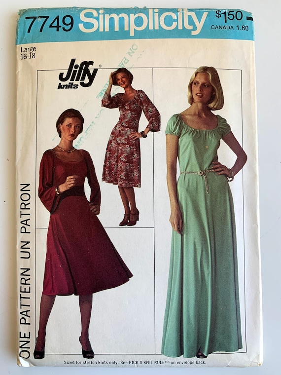 Simplicity 7749 Womens Knit Dress Pattern, 70s Dress Pattern, Vintage Dress Pattern, Summer Dress Pattern, *size 16-18* UNCUT (1976) - Etsy Simplicity 7749 Womens Knit Dress Pattern, 70s Dress Pattern, Vintage Dress Pattern, Summer Dress Pattern, *size 16-18* UNCUT (1976) - Etsy
