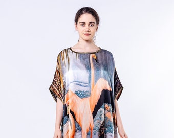 Anysize Silk Dress Caftan Flamingo Print | Big Size Clothing For Women | 100% Mulberry Leaf | Summer Dressing Gown | Holiday Pilage Robe