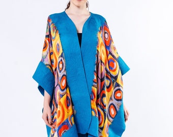 Silk Felt Poncho Scarf Kandinsky Squares with Circles Blue mulberry leaf silk, merino wool wrap, silk caftan, silk turquoise kimono