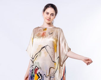 Anysize Silk Dress, Long Dress for Woman, White Dress, Silk Dressing Gown, Beach Dress Kandinsky Composition