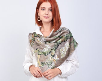 Beige Silk Scarf, Satin Scarf Shawl, Silk Head Scarf, Van Gogh Print, Almond Blossoms