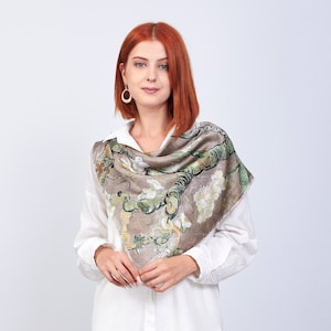 Beige Silk Scarf, Satin Scarf Shawl, Silk Head Scarf, Van Gogh Print, Almond Blossoms