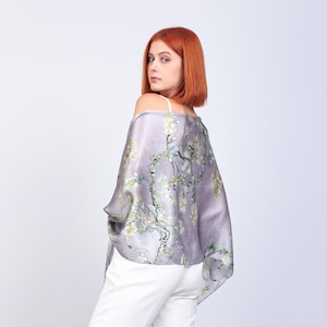 Mulberry Silk Gray Scarf | Van Gogh Almond Blossoms | Designer Shawl