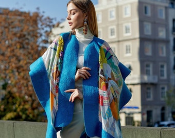 Cape en laine, châle en laine, écharpe en soie, poncho en alpaga, poncho turquoise, imprimé Kandinsky