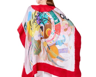 Poncho Wrap Kandinsky Dominant Curve Red Silk Felt Shawl, handcraft, mulberry pure fabric, merino wool, luxury handmade