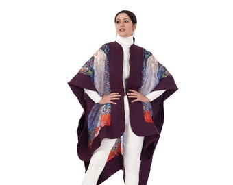 Wool Shawl, Wool Cloak, Purple Cloak, Bridal Shawl, Felted Wool, Custom Design, %100 Mulberry, Gustav Klimt