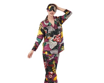 Silk Pajamas Long for Women, Silk Sleep Wear, Purple Long Pajama Set, Long Sleeve Sleep Shirt & Pants, Henri Matisse Purple and Dress
