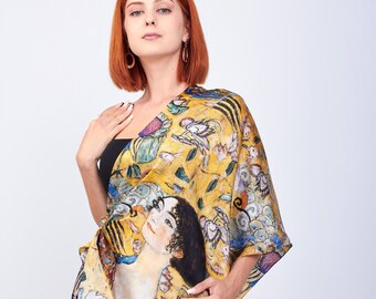 Mulberry Silk Scarf, Klimt Dress Print, Yellow Shawl, Hand Curled