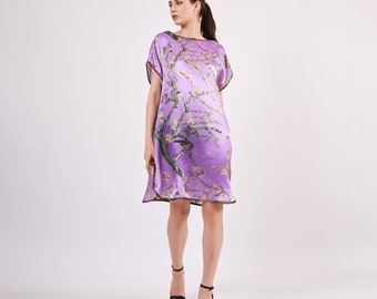 100% Silk Plus Size Short Dress For Women | Oversized Purple Van Gogh Almond Blossoms Short Kaftan  | Loose Fitting Dress