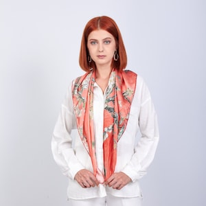 Pure Silk Head Scarf 90 cm, Shoulder Cape, Silk Thread, Silk Hair Tie, Silk Red Bandana, Red Cloak, Mulberry Silk, Van Gogh Almond Blossoms