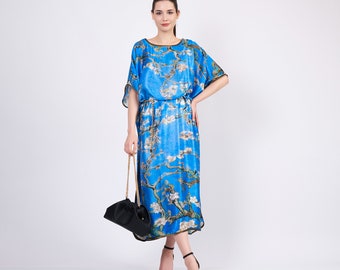 Plus Size Silk Caftan Dress | Women Oversized Kaftan | Maxi Silk Beach Coverup | Long Night Gown | Resort Wear | Blue Van Gogh Print Dress