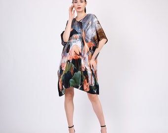 Pure Silk Short Kimono Kaftan Oversized | Flamingo Pattern | Bohemian Kimono Robe | Beach Cover Up | Trip Dress | Gift For Her