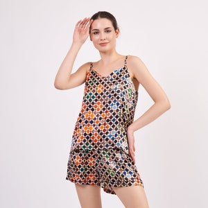 Pure Silk Pajama Set Tank and Shorts | Soft Sleepwear Lounge Set- Sleeping Pyjamas for Women | Elhamra Pattern