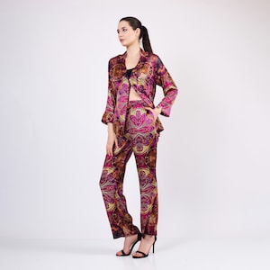 Mulberry Silk Shirt Pants Set | Women Pajamas Set | Fuchsia Mandala Silk Nightwear | High Quality Bride Pyjamas | Women Silk Sleepwear