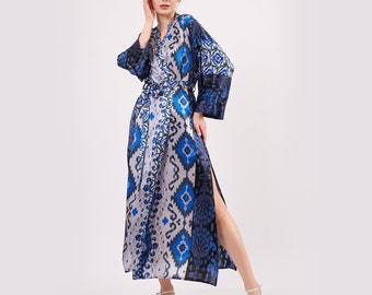 Pure Silk Maxi Kimono Kaftan | Ikat Pattern Blue | Oversized Long Kimono Robe | Beachwear for Women | Plus Size Luxury Kaftan Pool Wear