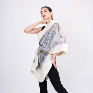 Silk and Felted Shawl | Women Luxury Shawl | Van Gogh Almond Blossoms | Ecru