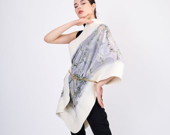 Silk and Felted Shawl | Women Luxury Shawl | Van Gogh Almond Blossoms | Ecru