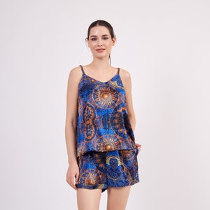 Pure Silk Pajama Set Blouse and Shorts | Soft Sleepwear Lounge Set- Sleeping Pyjamas for Women | Mandala Pattern Sax Blue