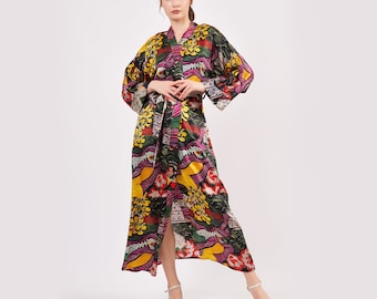 Silk Maxi Kimono Kaftan | Henri Matisse Purple and Dress | Oversized Long Kimono Robe |Silk Dressing Gown |Plus Size Luxury Kaftan Beachwear