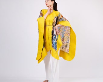 Handmade Silk Felted Women Poncho | Yellow Gustav Klimt Lady with Fan | Plus Size Luxury Wool Poncho | Oversized Cardigan