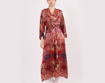 Silk Maxi Kimono Kaftan | Mandala Pattern Red | Oversized Long Kimono Robe | Silk Dressing Gown | Plus Size Luxury Kaftan Beachwear