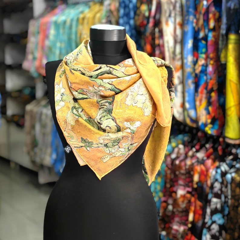 Foulard en soie dorée, tissu en soie de mûrier, foulard en soie pour cheveux 90 cm, châle de demoiselle d'honneur, imprimé Van Gogh, image 5