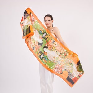 Pure Silk Long Scarf Wrap | Gustav Klimt The Dancer | 6 Momme Mulberry Silk Headband, Bag Accessory | Christmas gift For Her| Trip Accessory