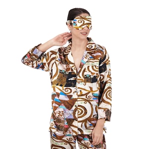100% Mulberry Silk Pajamas, Bridesmaid Pajamas, Silk Sleepwear, Handmade,Long Sleeve Sleep Shirt & Pants, Gustav Klimt Print