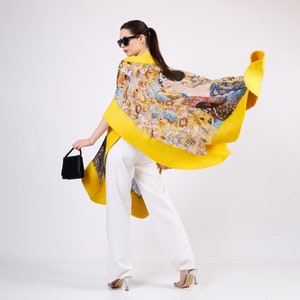 Handmade Silk Felted Women Poncho Yellow Gustav Klimt Lady with Fan Plus Size Luxury Wool Poncho Oversized Cardigan imagem 8