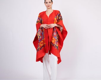 Silk Felted Women Poncho |  Red Kandinsky Squares with Circless | Plus Size Wool Poncho