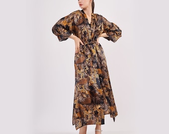 Silk Maxi Kimono Kaftan | Leopard Pattern | Oversized Long Kimono Robe | Beachwear for Women | Plus Size Mulberry Silk Luxury Kaftan