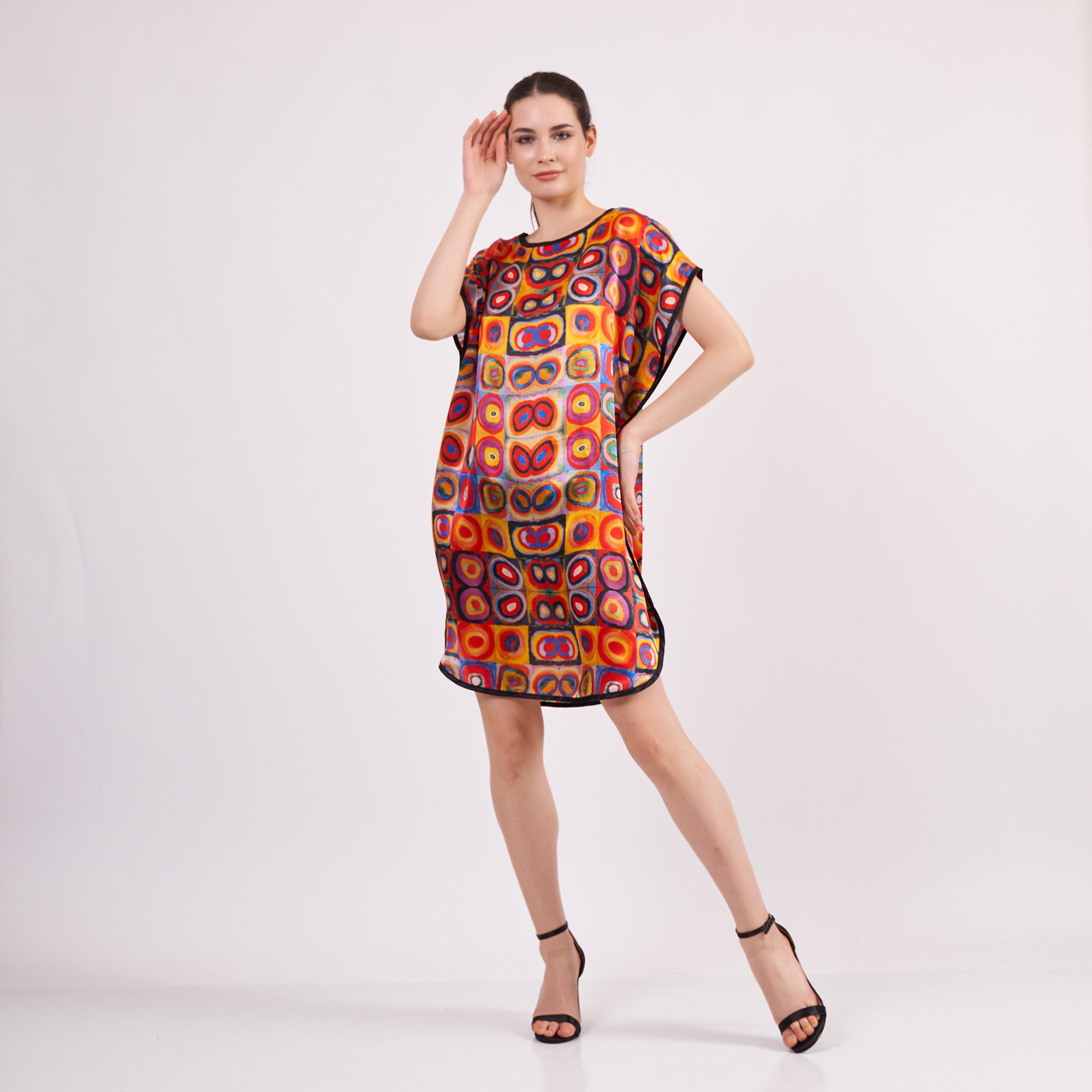 Vestido curto plus size de seda pura para mulheres Kaftan curto