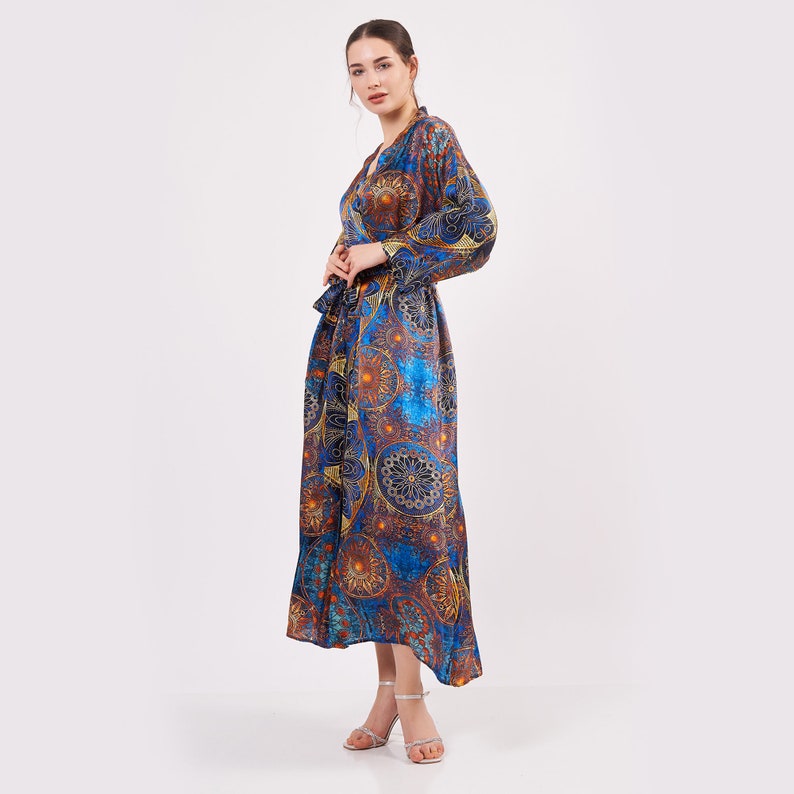 Maxi Abito Lungo In Puro Cotone Stile Indiano Vintage - Caftano Kimono Con Stampa Floreale, Taglia Unica, Regolabile Con Laccio