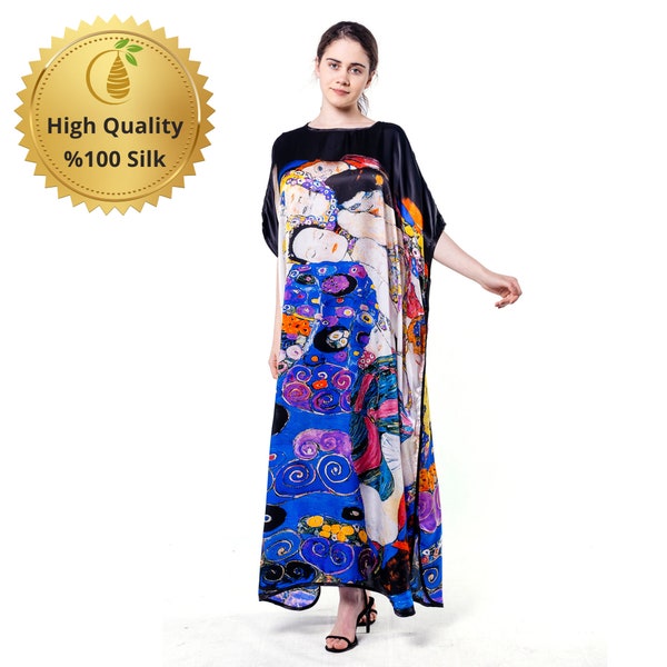 Vestido caftán de seda morera / Estampado de «Las vírgenes» de Gustav Klimt