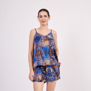 Pure Silk Pajama Set Blouse and Shorts | Soft Sleepwear Lounge Set- Sleeping Pyjamas for Women | Blue Mandala Pattern | Party Pajama Set
