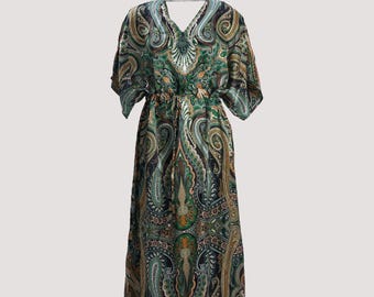 100% Silk V Neck Dress, Green Etro Pattern Silk V Neck Dress, Pure Luxury Silk, Birthday Gift, Gift for Women, Gift For Her, Luxury Gift