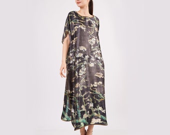 Plus Size High Quality Silk Long Dress For Women | Dark Gray Van Gogh Almond Blossoms  | Loose Fitting Dress
