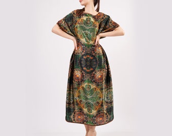 longue en soie pure soie grande taille pour femme | Caftan surdimensionné vert kaki motif mandala | Robe ample | Cadeau de Noël pour elle