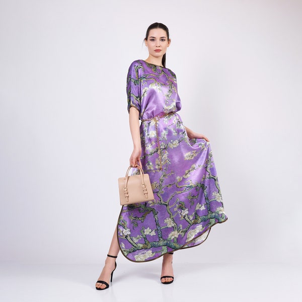 Plus Size Silk Kaftan Dress | Maxi Mulberry Silk Dress | Purple Long Dress | Bridesmaid Dress | Beach Coverup | Van Gogh Silk Night Gown