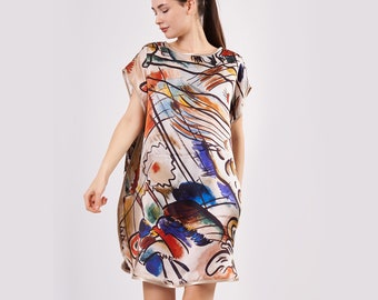 Plus Size Silk Short Dress For Women | Oversized Kandinsky Color Blend Print Short Kaftan | Loose Fitting Dress